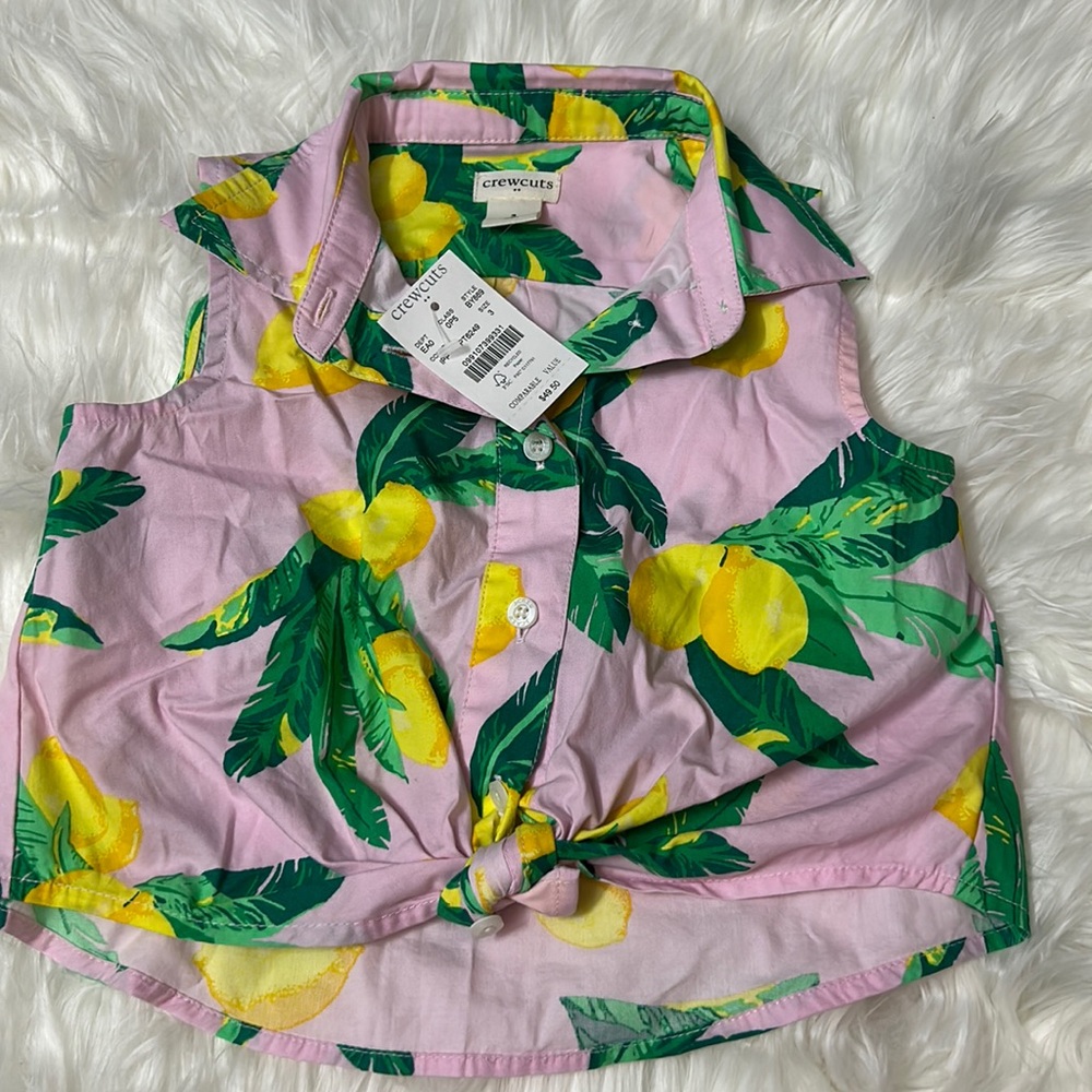 NWT Crewcuts Girls Sleeveless Tie Front Button Up Top Icy Pink Pale Lemon